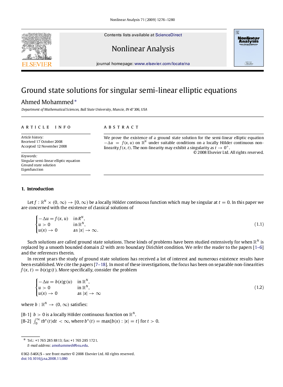 Ground state solutions for singular semi-linear elliptic equations