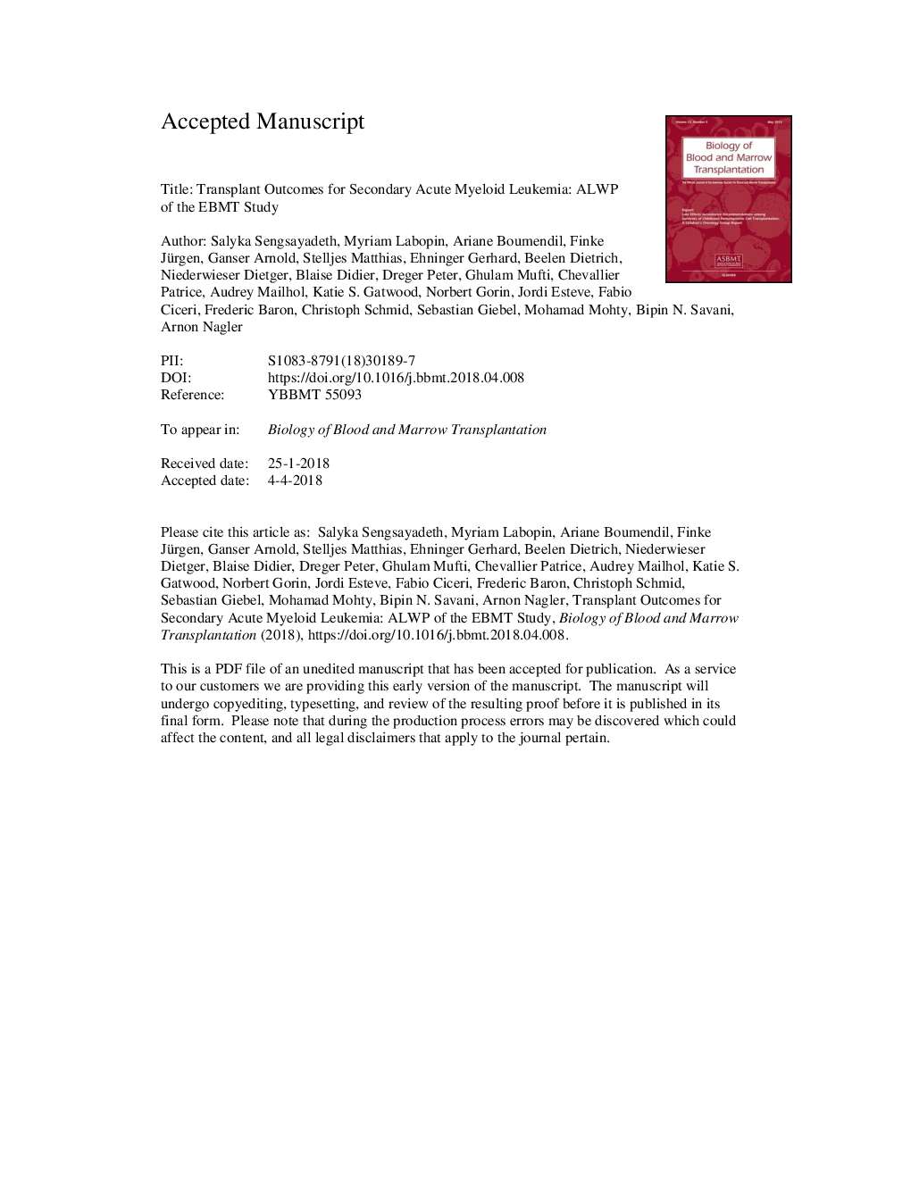 Transplant Outcomes for Secondary Acute Myeloid Leukemia: Acute Leukemia Working Party of the European Society for Blood and Bone Marrow Transplantation Study