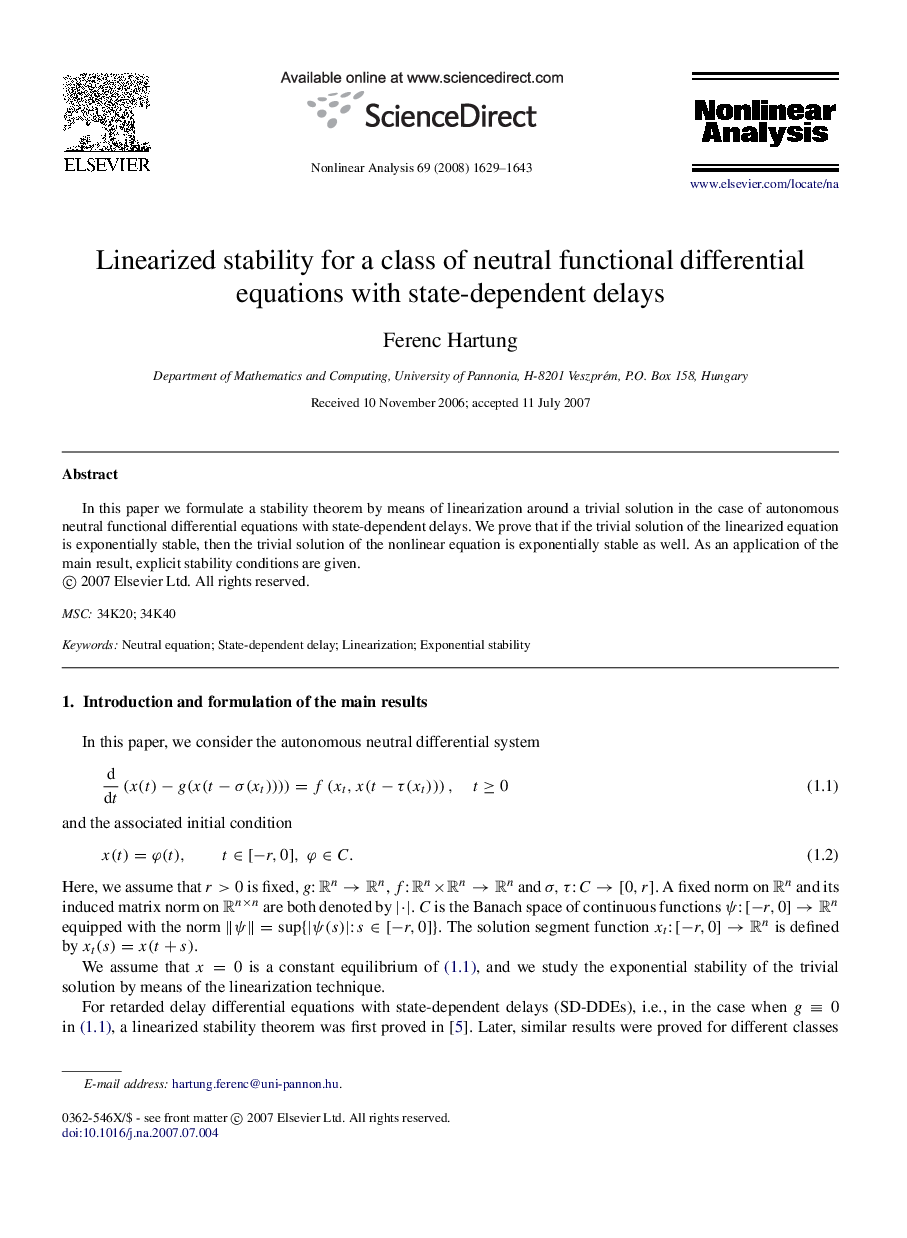 Linearized stability for a class of neutral functional differential equations with state-dependent delays