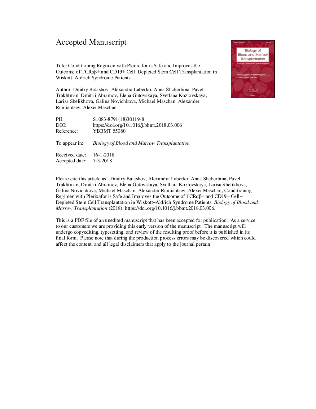 A Conditioning Regimen with Plerixafor Is Safe and Improves the Outcome of TCRÎ±Î²+ and CD19+ Cell-Depleted Stem Cell Transplantation in Patients with Wiskott-Aldrich Syndrome