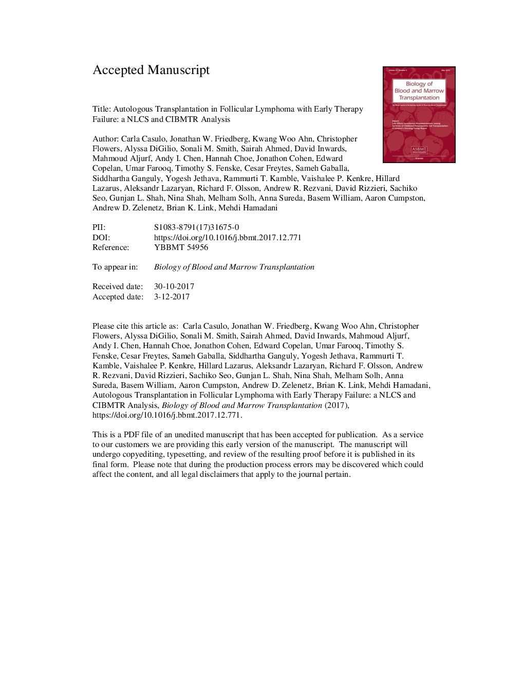 Autologous Transplantation in Follicular Lymphoma with Early Therapy Failure: A National LymphoCare Study and Center for International Blood and Marrow Transplant Research Analysis