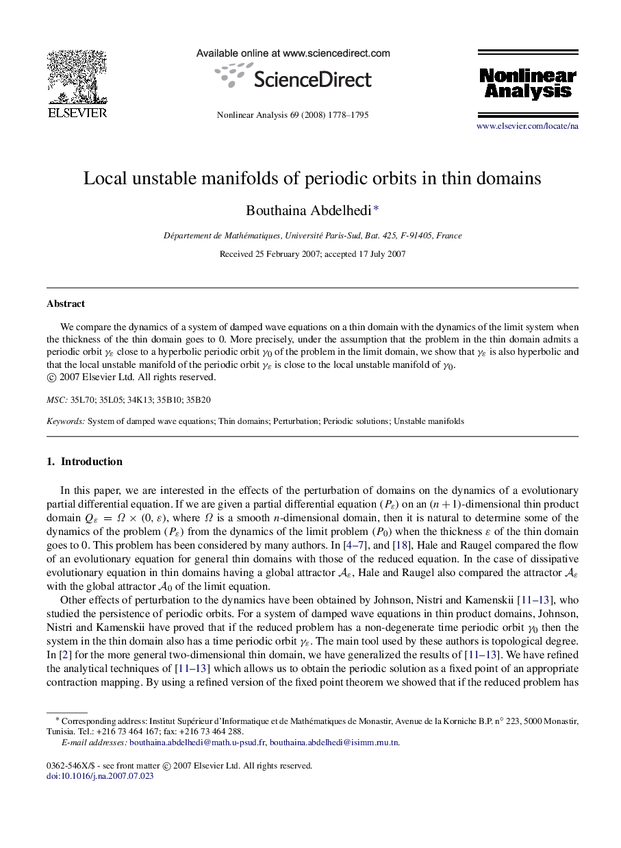 Local unstable manifolds of periodic orbits in thin domains