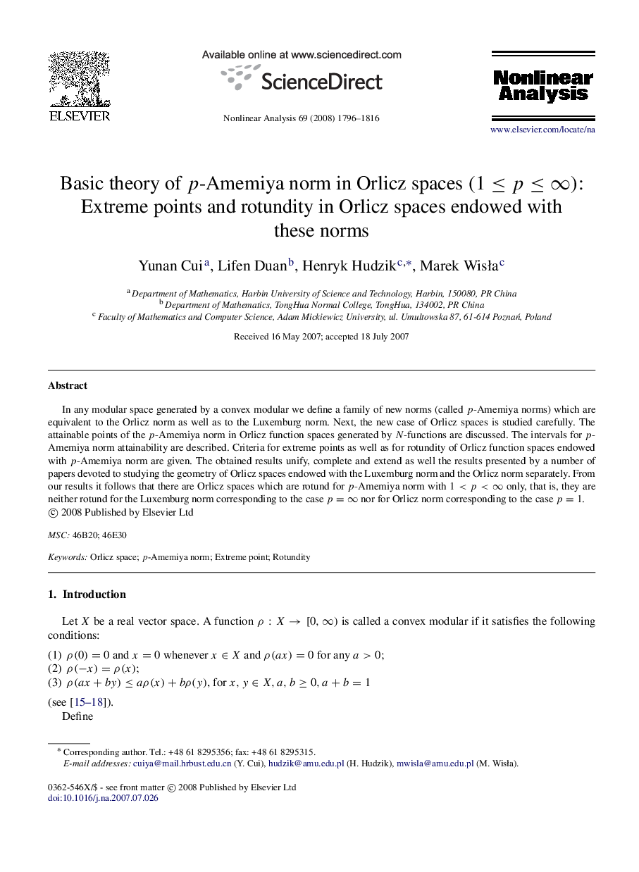 Basic theory of pp-Amemiya norm in Orlicz spaces (1≤p≤∞)(1≤p≤∞): Extreme points and rotundity in Orlicz spaces endowed with these norms