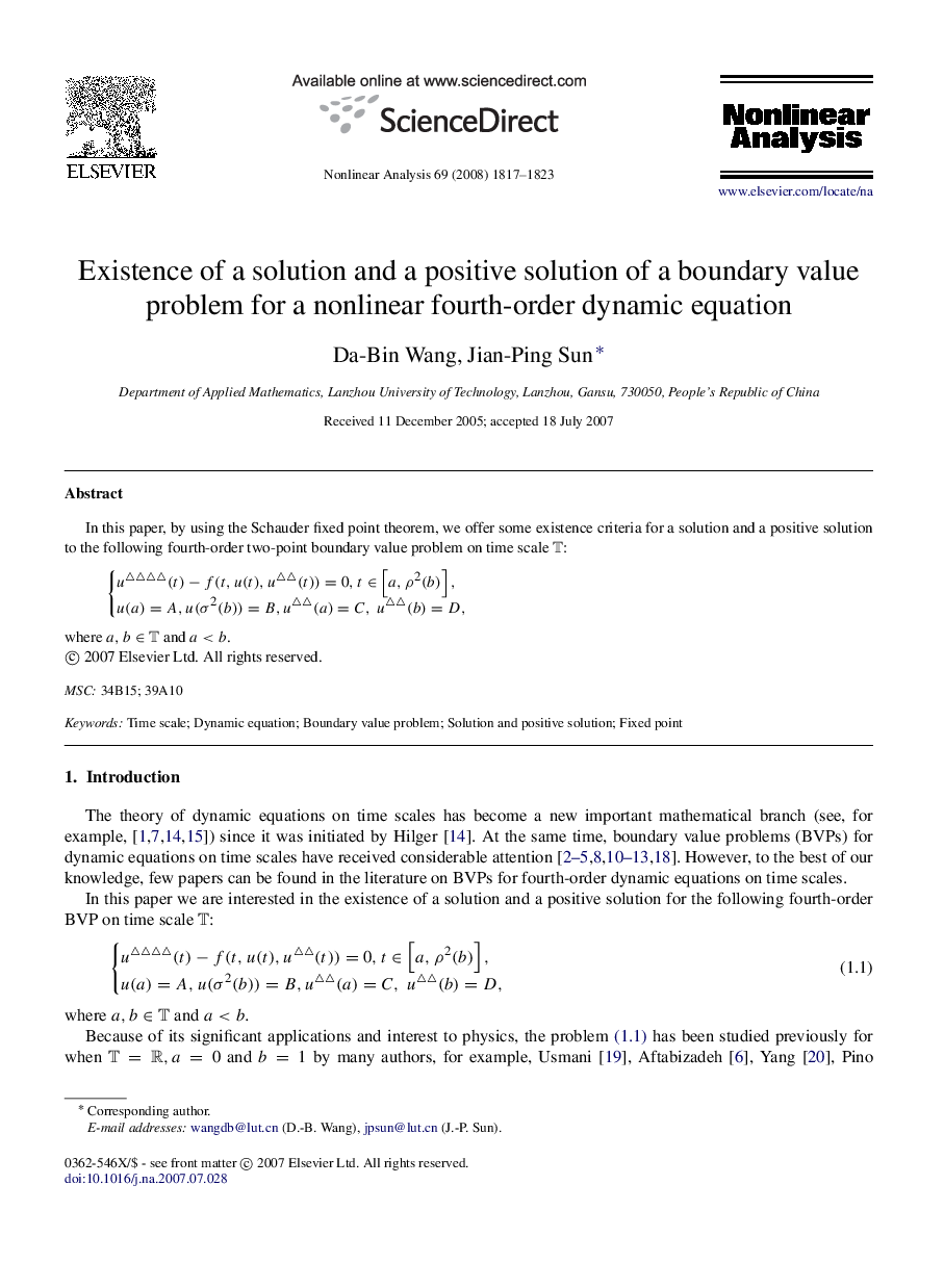 Existence of a solution and a positive solution of a boundary value problem for a nonlinear fourth-order dynamic equation