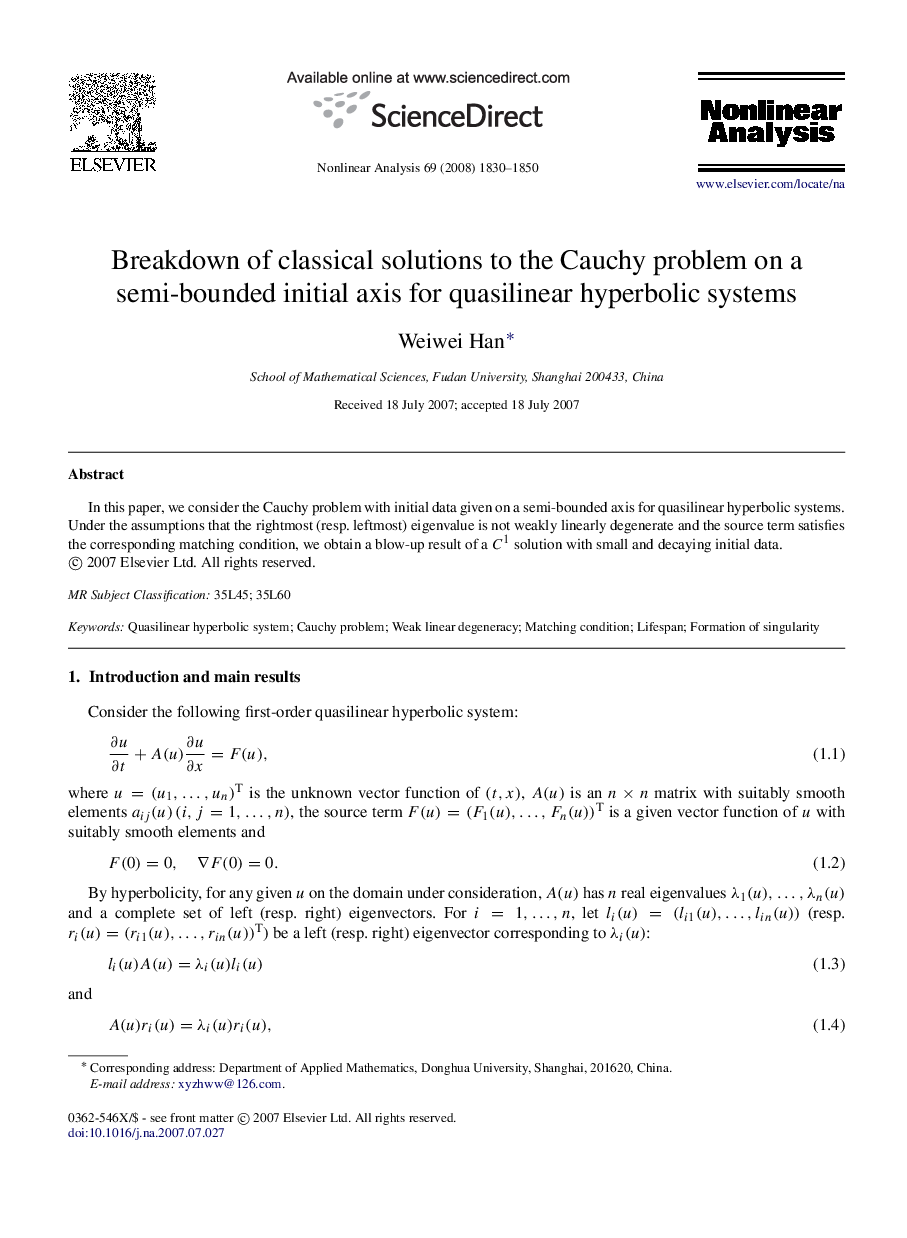 Breakdown of classical solutions to the Cauchy problem on a semi-bounded initial axis for quasilinear hyperbolic systems