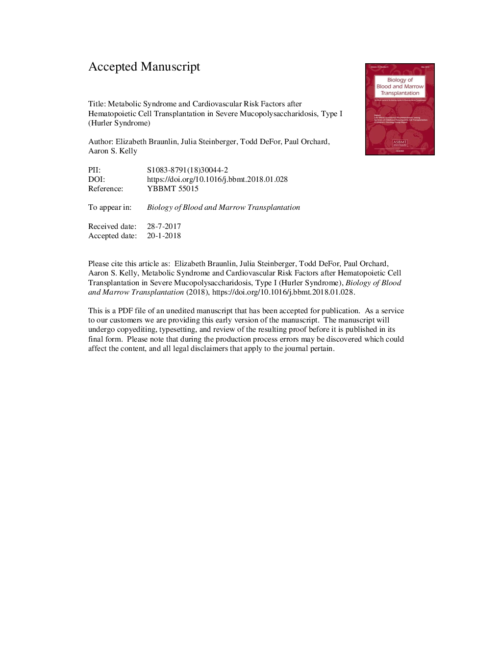 Metabolic Syndrome and Cardiovascular Risk Factors after Hematopoietic Cell Transplantation in Severe Mucopolysaccharidosis Type I (Hurler Syndrome)