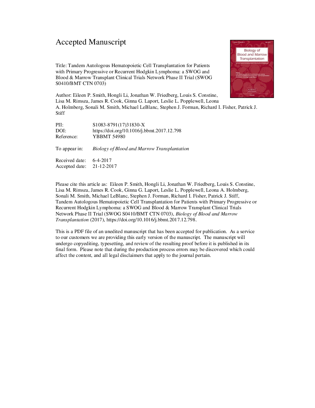 Tandem Autologous Hematopoietic Cell Transplantation for Patients with Primary Progressive or Recurrent Hodgkin Lymphoma: A SWOG and Blood and Marrow Transplant Clinical Trials Network Phase II Trial (SWOG S0410/BMT CTN 0703)