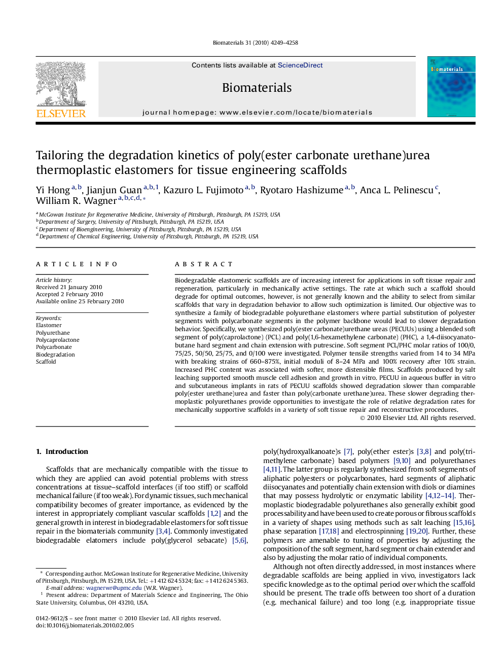 Tailoring the degradation kinetics of poly(ester carbonate urethane)urea thermoplastic elastomers for tissue engineering scaffolds