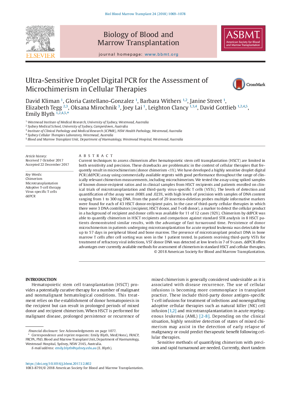 Ultra-Sensitive Droplet Digital PCR for the Assessment of Microchimerism in Cellular Therapies