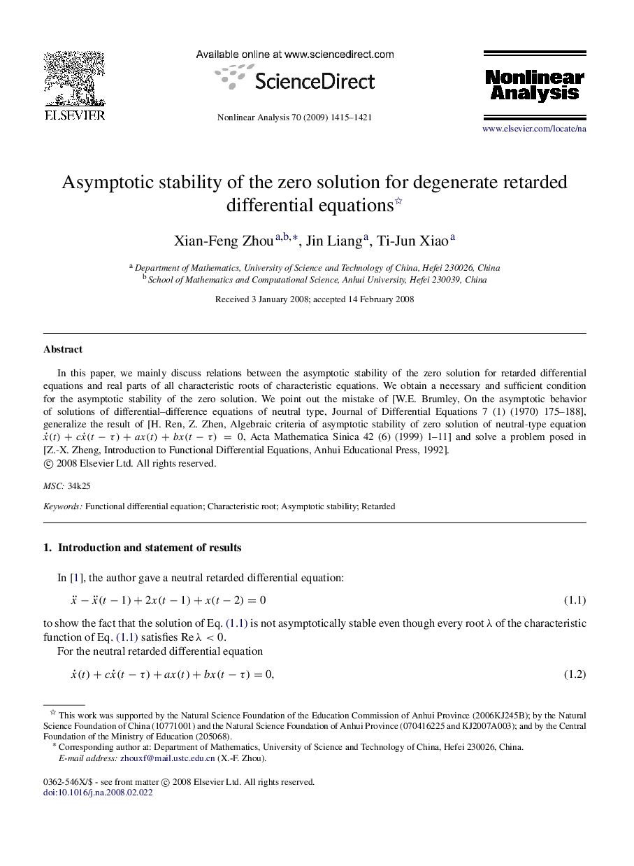 Asymptotic stability of the zero solution for degenerate retarded differential equations 