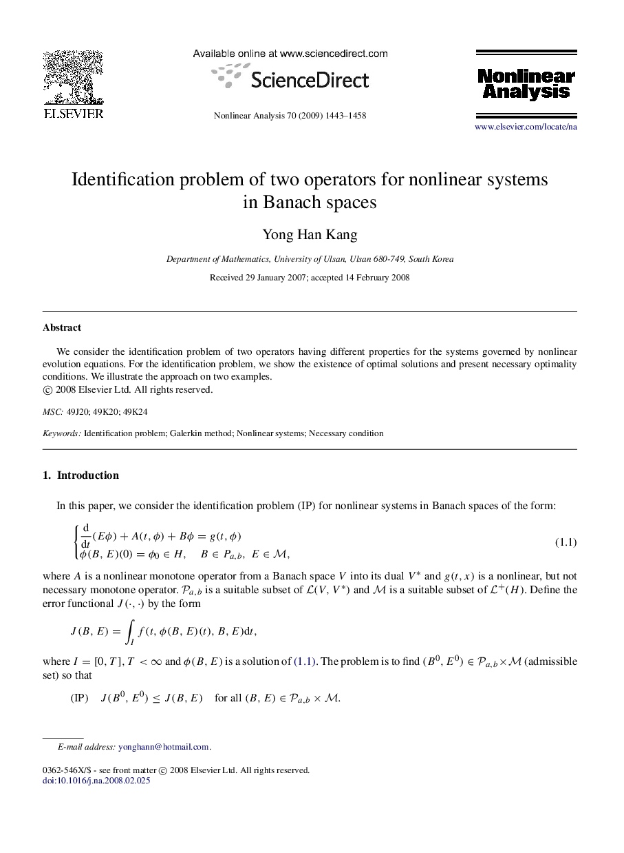 Identification problem of two operators for nonlinear systems in Banach spaces