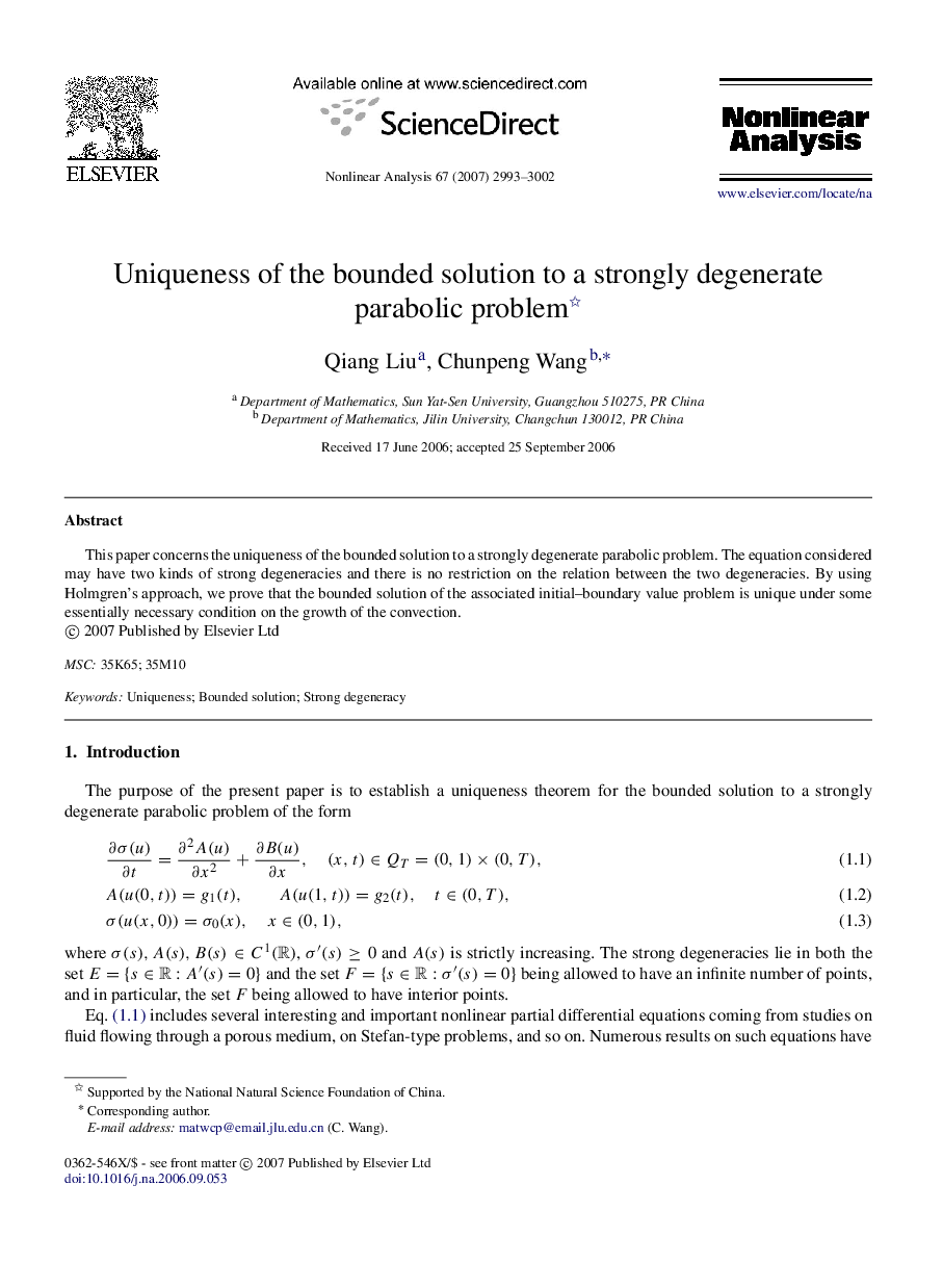 Uniqueness of the bounded solution to a strongly degenerate parabolic problem 