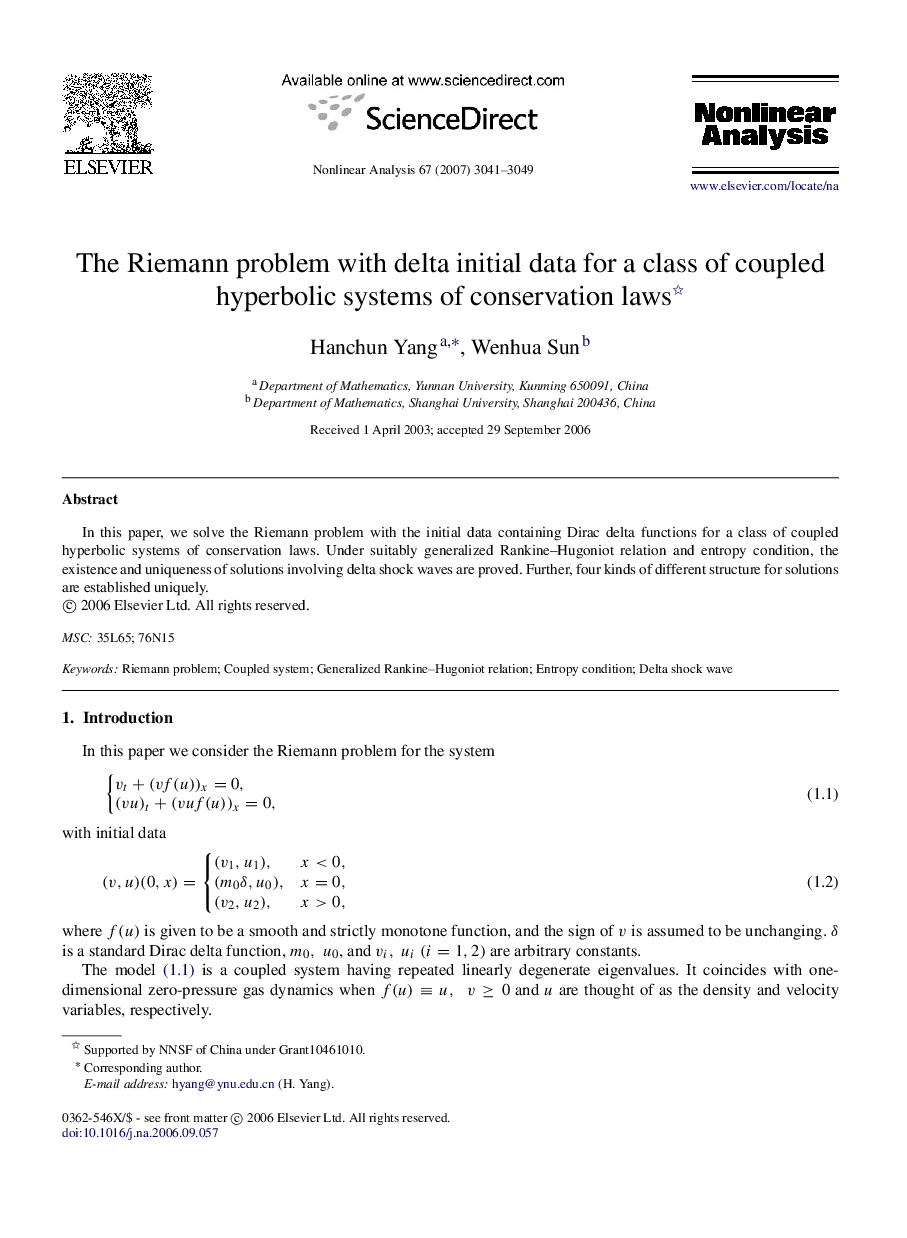 The Riemann problem with delta initial data for a class of coupled hyperbolic systems of conservation laws 