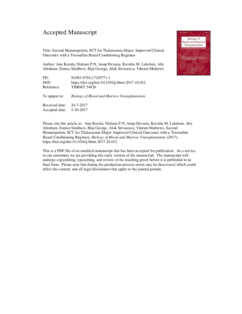 Second Hematopoietic Stem Cell Transplant for Thalassemia Major: Improved Clinical Outcomes with a Treosulfan-Based Conditioning Regimen