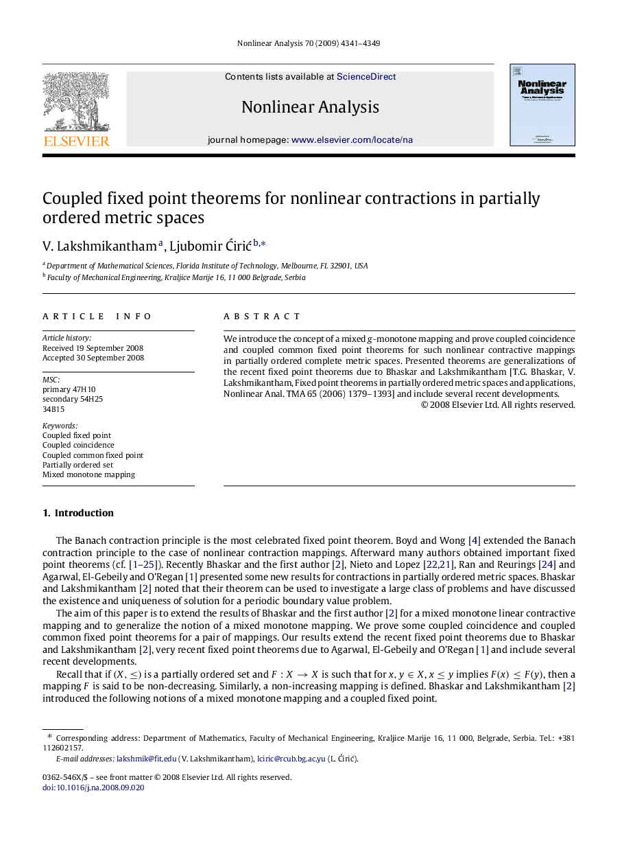 Coupled fixed point theorems for nonlinear contractions in partially ordered metric spaces