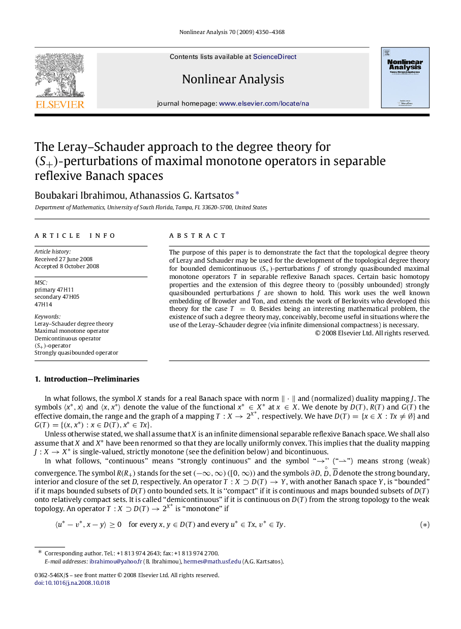 The Leray–Schauder approach to the degree theory for (S+)(S+)-perturbations of maximal monotone operators in separable reflexive Banach spaces