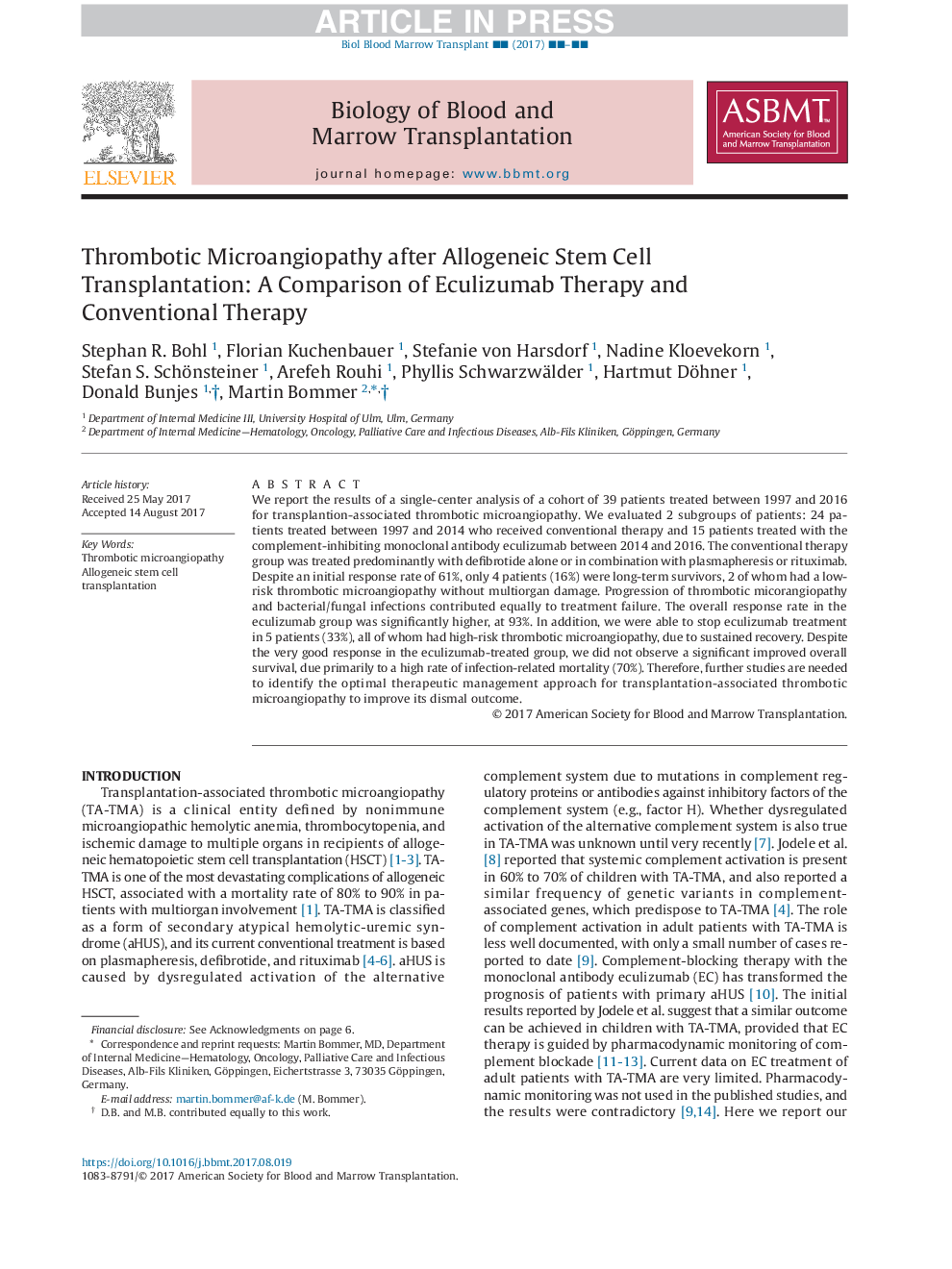 Thrombotic Microangiopathy after Allogeneic Stem Cell Transplantation: A Comparison of Eculizumab Therapy and Conventional Therapy