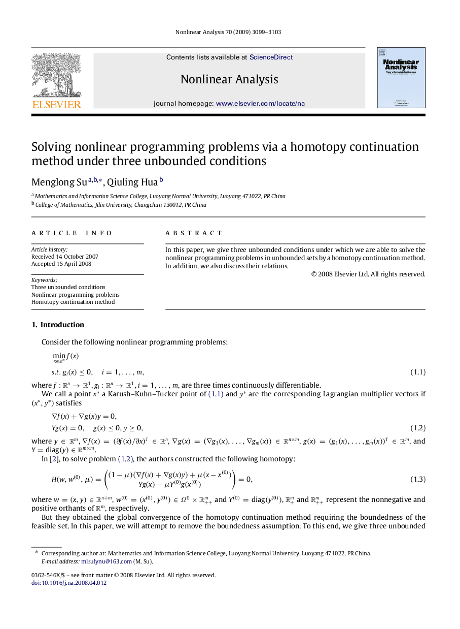 Solving nonlinear programming problems via a homotopy continuation method under three unbounded conditions