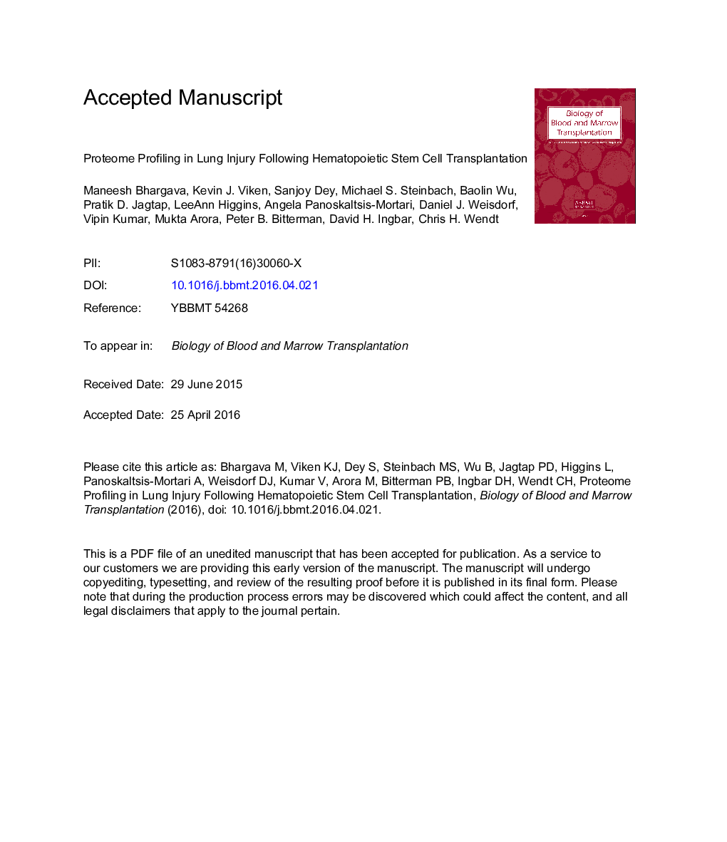 Proteome Profiling in Lung Injury after Hematopoietic Stem Cell Transplantation