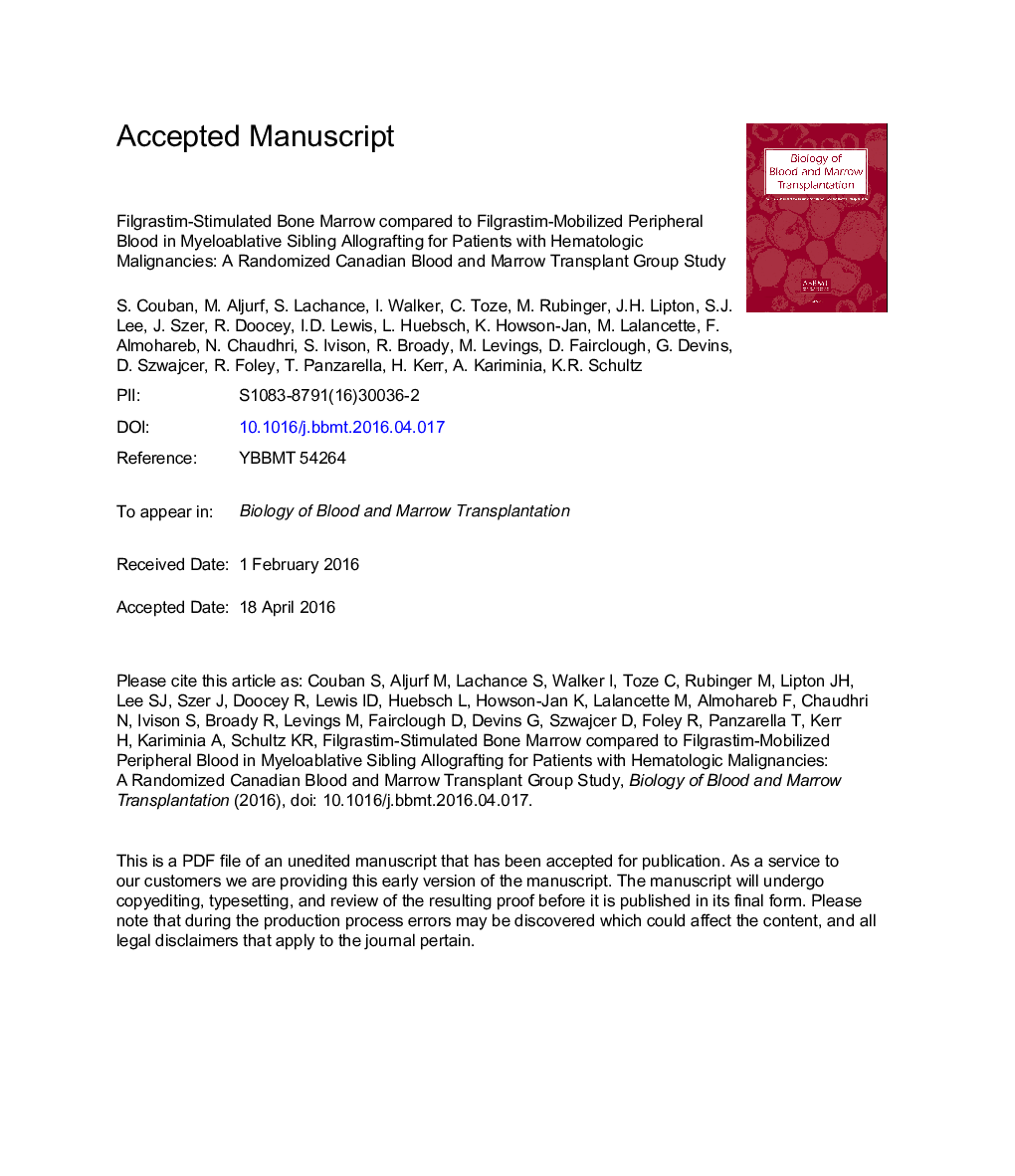 Filgrastim-Stimulated Bone Marrow Compared with Filgrastim-Mobilized Peripheral Blood in Myeloablative Sibling Allografting for Patients with Hematologic Malignancies: A Randomized Canadian Blood and Marrow Transplant Group Study