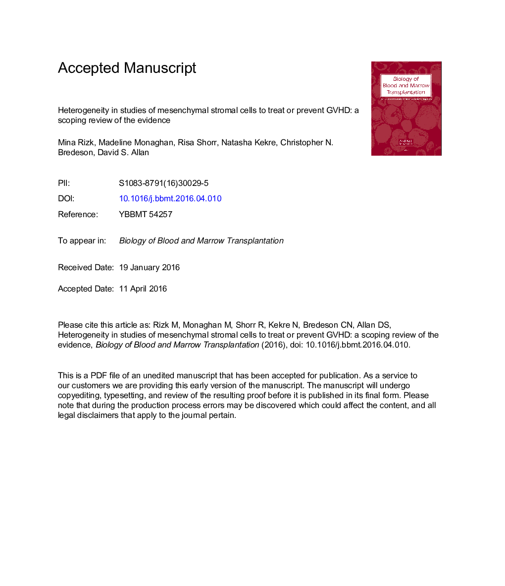 Heterogeneity in Studies of Mesenchymal Stromal Cells toÂ Treat or Prevent Graft-versus-Host Disease: A Scoping Review of the Evidence