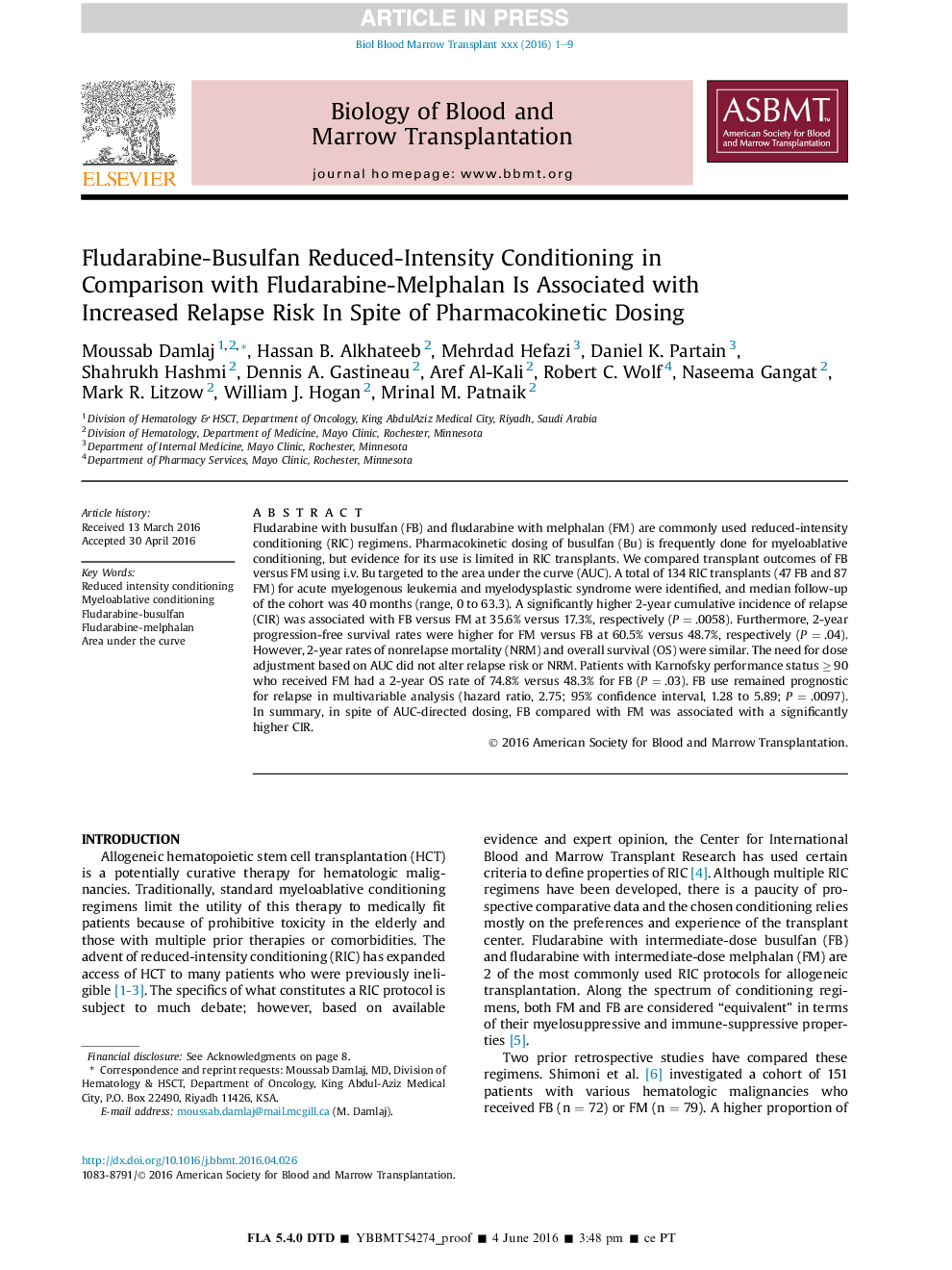 Fludarabine-Busulfan Reduced-Intensity Conditioning in Comparison with Fludarabine-Melphalan Is Associated with Increased Relapse Risk In Spite of Pharmacokinetic Dosing