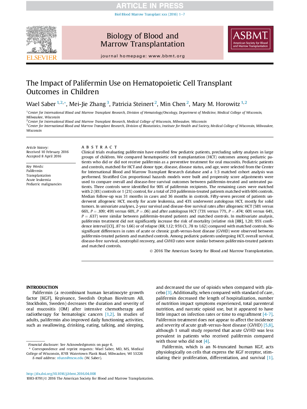 The Impact of Palifermin Use on Hematopoietic Cell Transplant Outcomes in Children