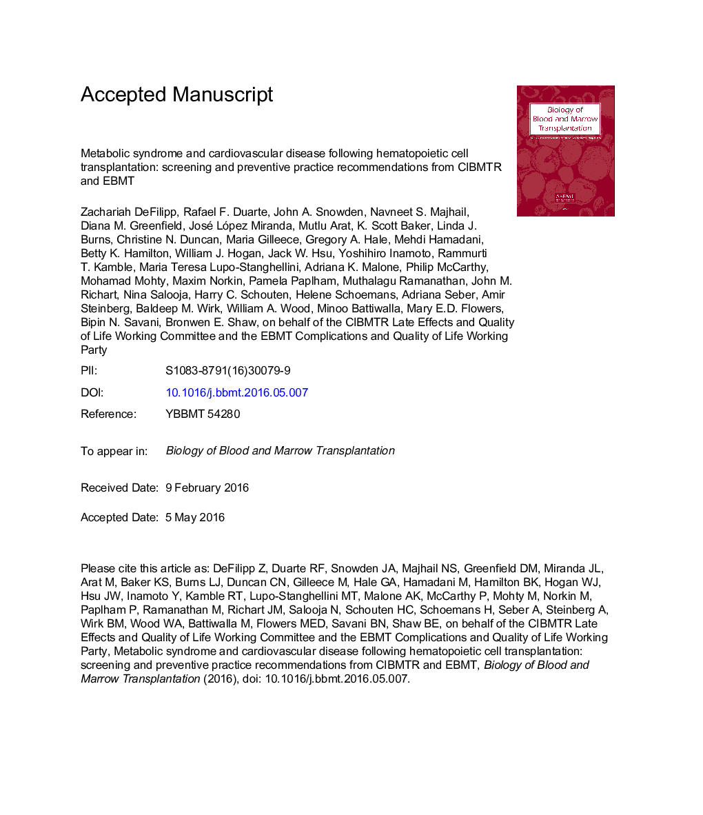 Metabolic Syndrome and Cardiovascular Disease after Hematopoietic Cell Transplantation: Screening and Preventive Practice Recommendations from the CIBMTR and EBMT