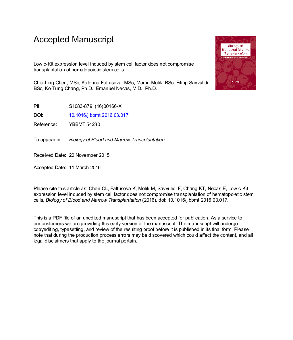 Low c-Kit Expression Level Induced by Stem Cell Factor Does Not Compromise Transplantation of Hematopoietic Stem Cells