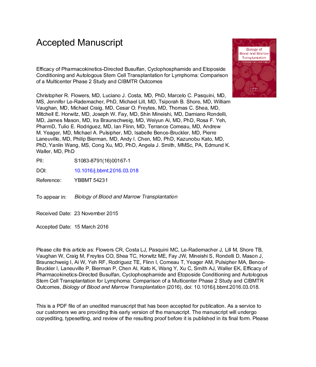 Efficacy of Pharmacokinetics-Directed Busulfan, Cyclophosphamide, and Etoposide Conditioning and Autologous Stem Cell Transplantation for Lymphoma: Comparison of a Multicenter Phase II Study and CIBMTR Outcomes