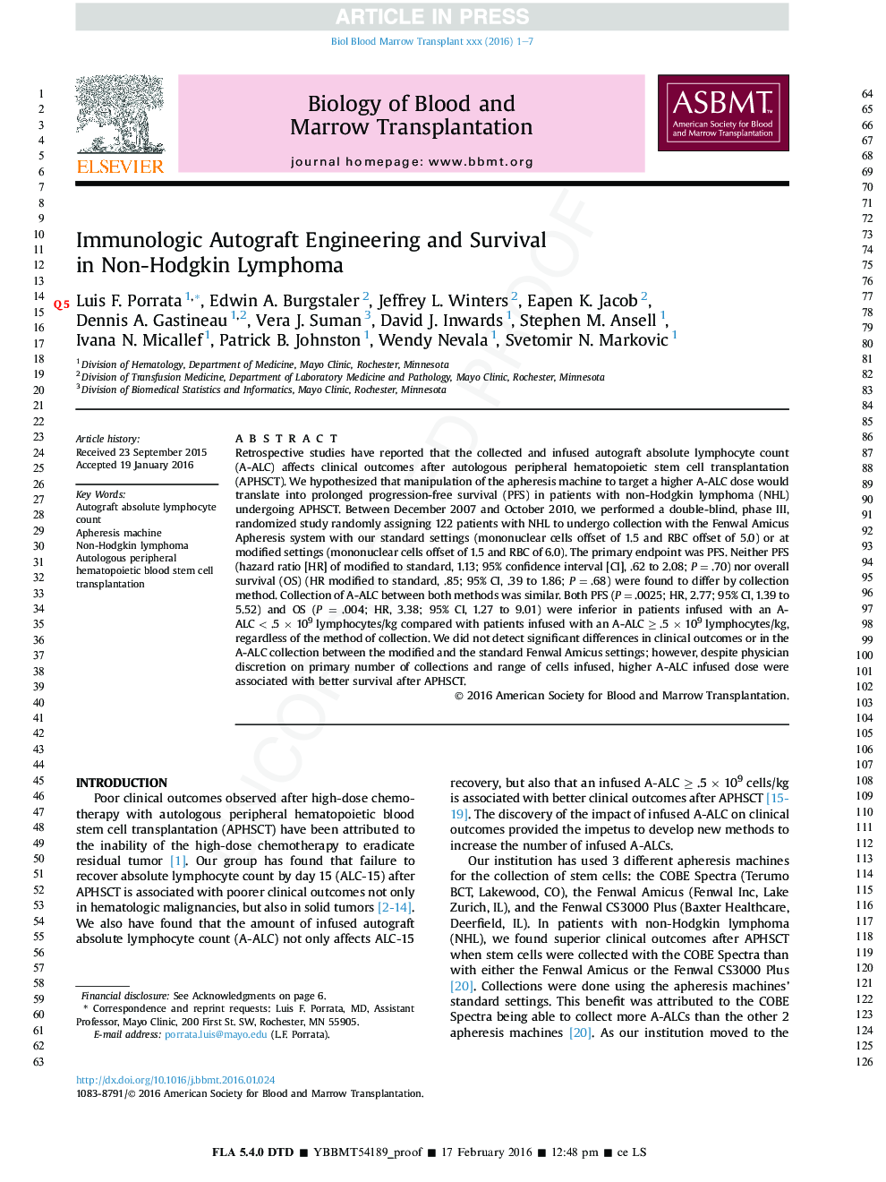 Immunologic Autograft Engineering and Survival in Non-Hodgkin Lymphoma