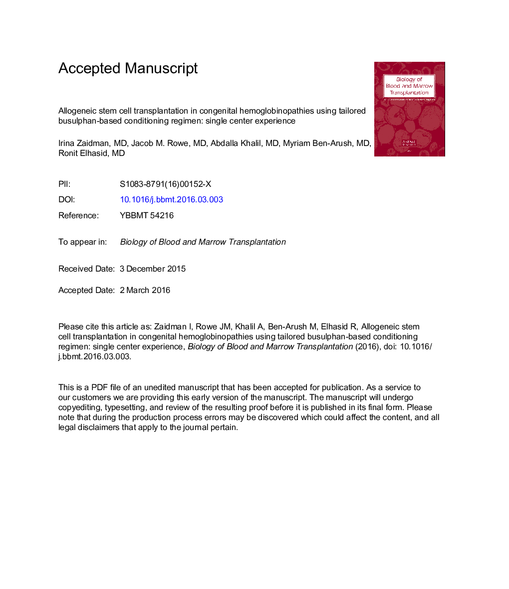 Allogeneic Stem Cell Transplantation in Congenital Hemoglobinopathies Using a Tailored Busulfan-Based Conditioning Regimen: Single-Center Experience