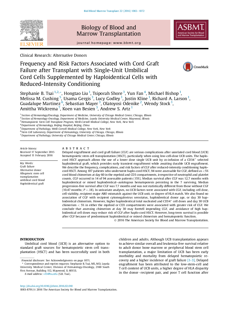 Frequency and Risk Factors Associated with Cord Graft Failure after Transplant with Single-Unit Umbilical Cord Cells Supplemented by Haploidentical Cells with Reduced-Intensity Conditioning