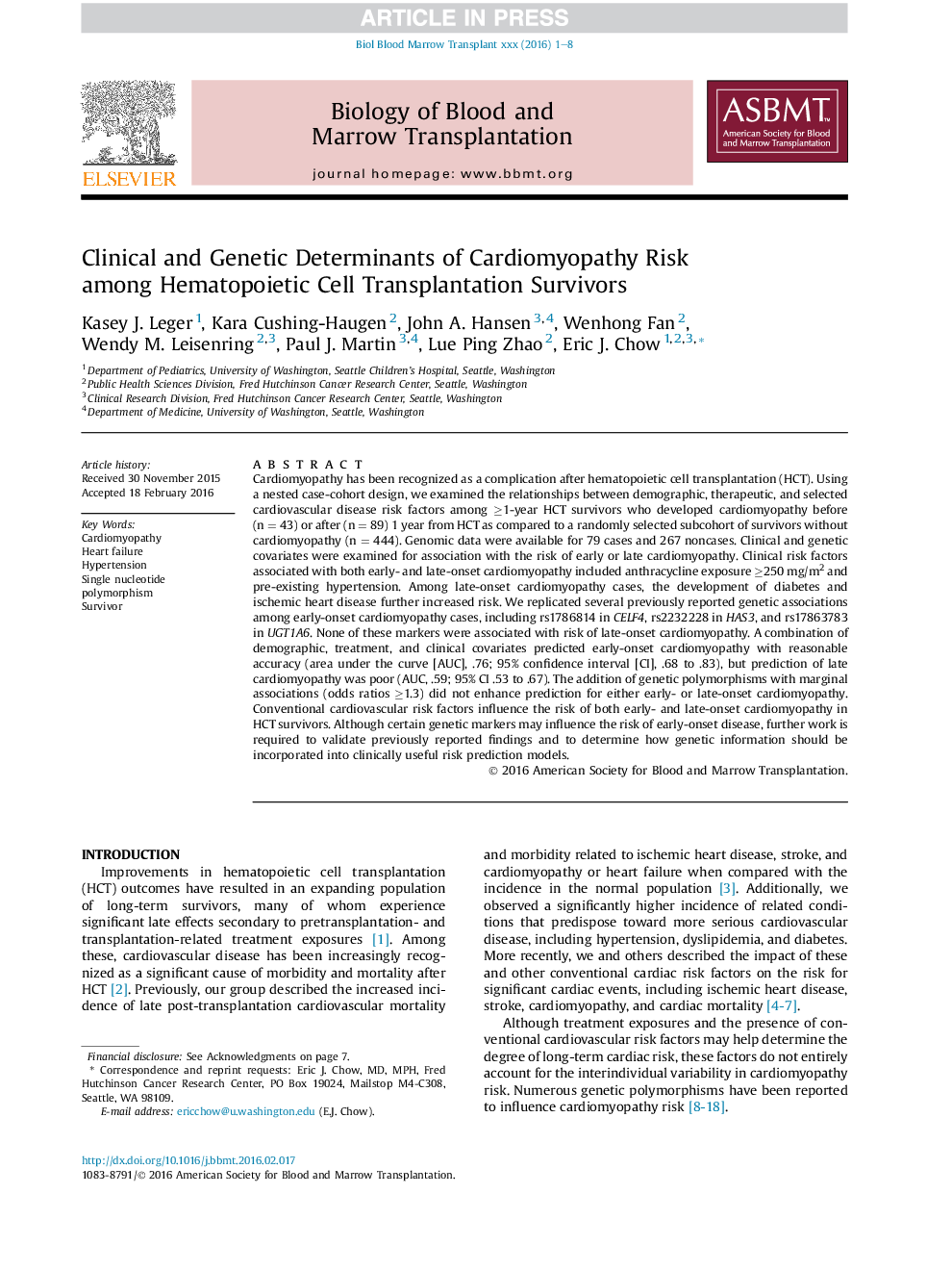 Clinical and Genetic Determinants of Cardiomyopathy Risk among Hematopoietic Cell Transplantation Survivors