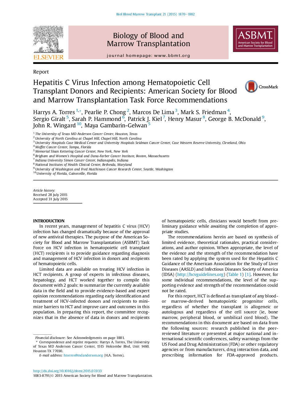 Hepatitis C Virus Infection among Hematopoietic Cell Transplant Donors and Recipients: American Society for Blood and Marrow Transplantation Task Force Recommendations