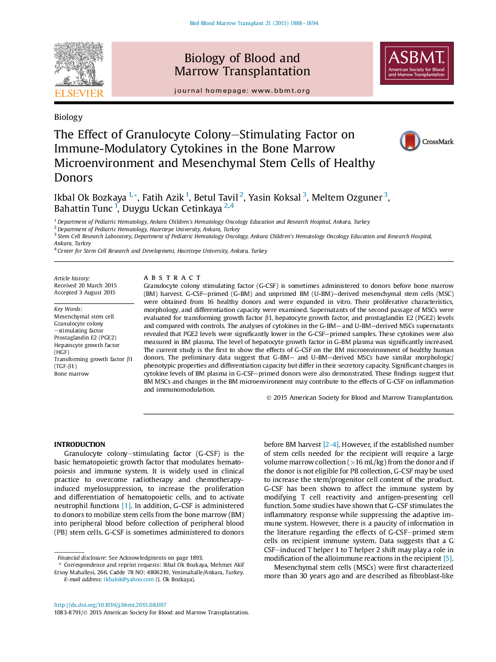 The Effect of Granulocyte Colony-Stimulating Factor on Immune-Modulatory Cytokines in the Bone Marrow Microenvironment and Mesenchymal Stem Cells of Healthy Donors