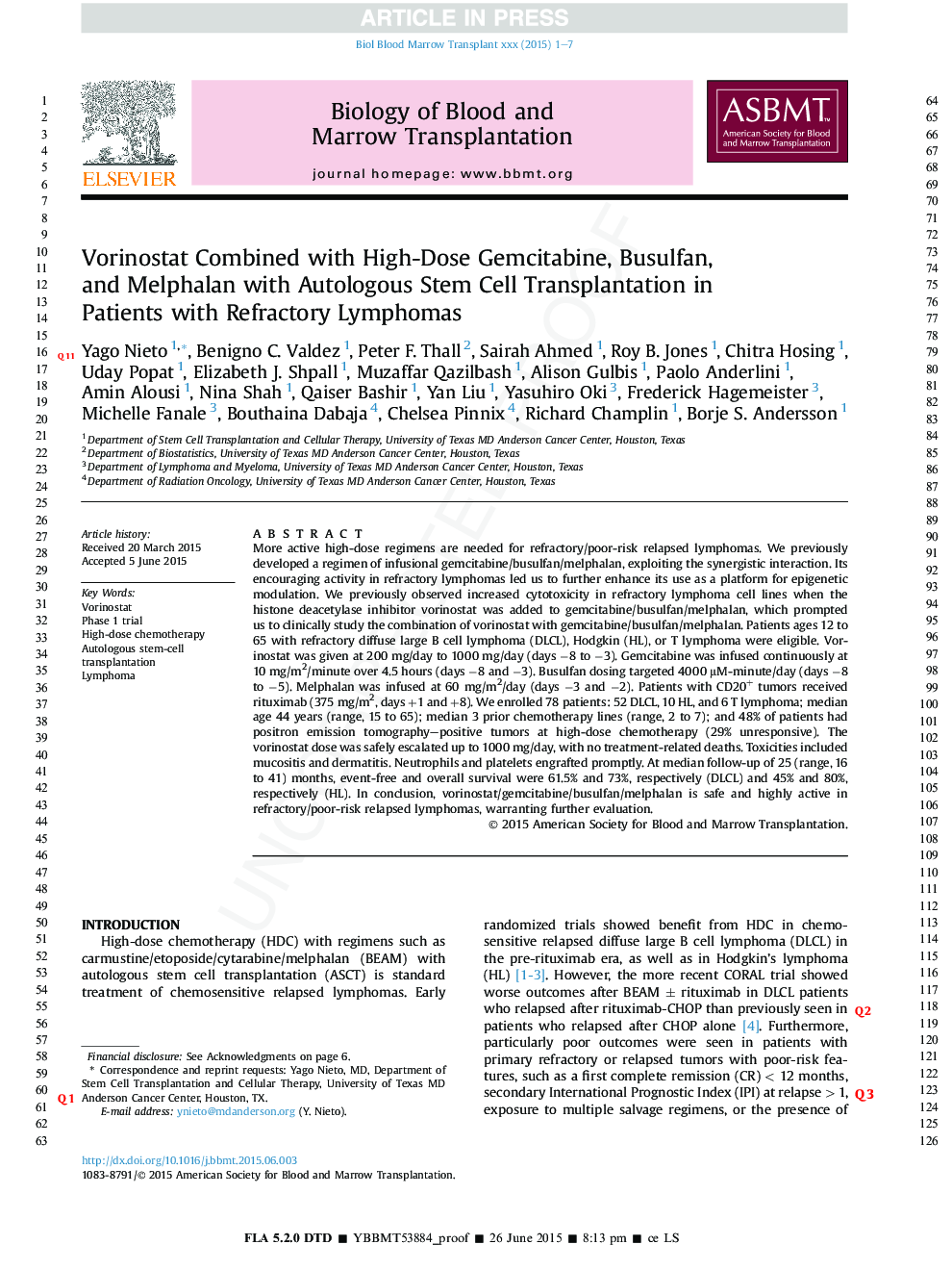 Vorinostat Combined with High-Dose Gemcitabine, Busulfan, and Melphalan with Autologous Stem Cell Transplantation in Patients with Refractory Lymphomas