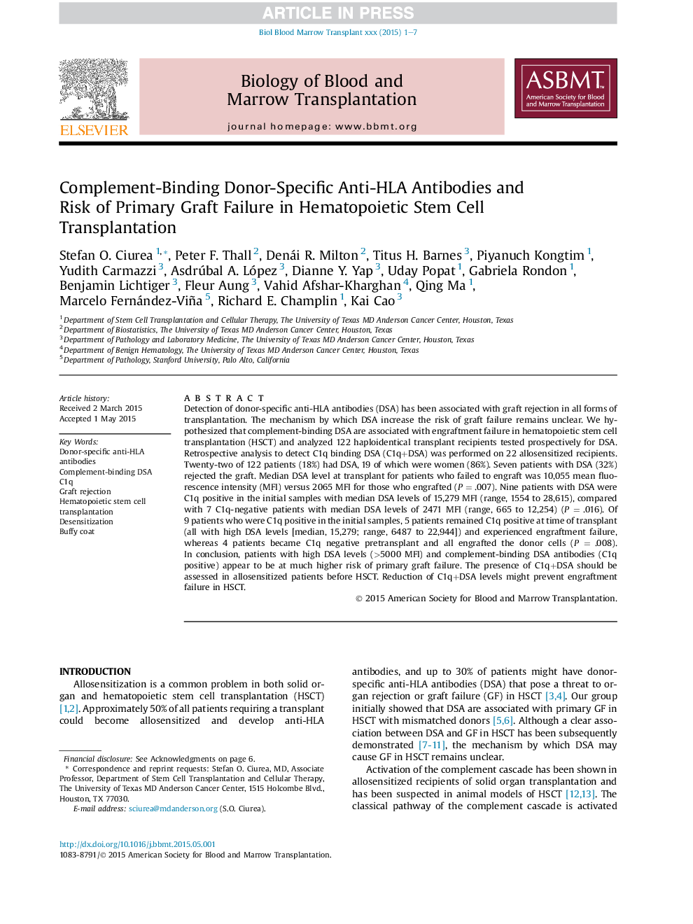 Complement-Binding Donor-Specific Anti-HLA Antibodies and Risk of Primary Graft Failure in Hematopoietic Stem Cell Transplantation