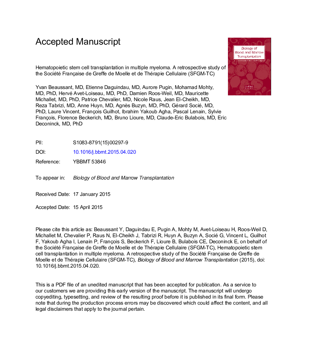 Hematopoietic Stem Cell Transplantation in Multiple Myeloma: A Retrospective Study of the Société Française de Greffe de Moelle et de Thérapie Cellulaire (SFGM-TC)