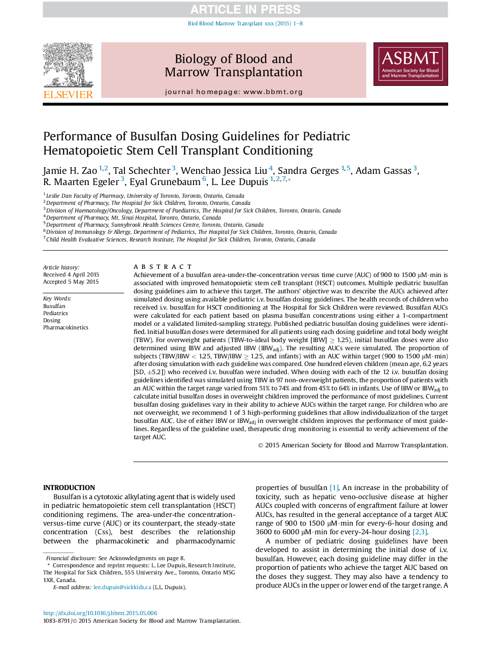 Performance of Busulfan Dosing Guidelines for Pediatric Hematopoietic Stem Cell Transplant Conditioning