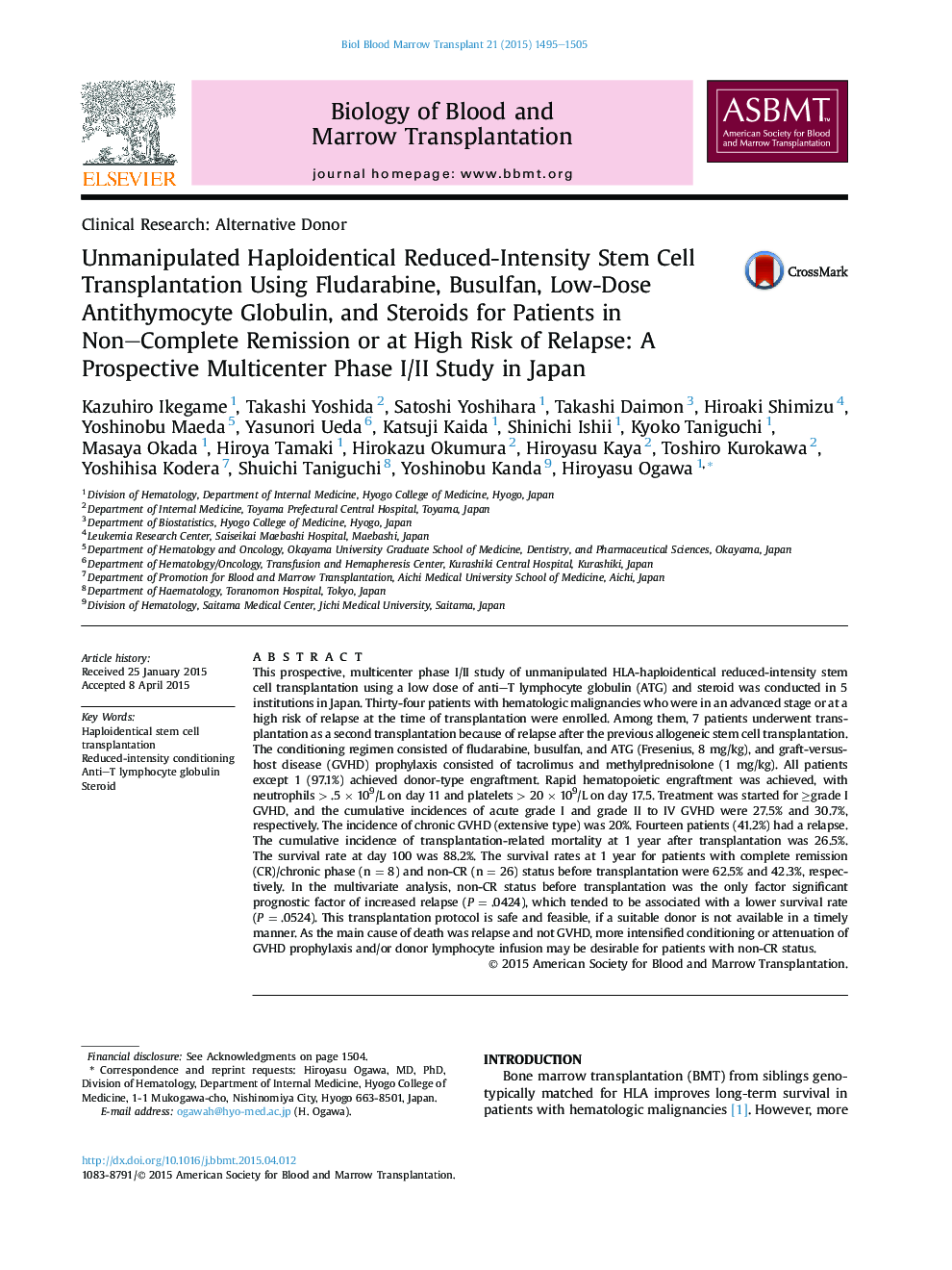 Unmanipulated Haploidentical Reduced-Intensity Stem Cell Transplantation Using Fludarabine, Busulfan, Low-Dose Antithymocyte Globulin, and Steroids for Patients in Non-Complete Remission or at High Risk of Relapse: A Prospective Multicenter Phase I/II Stu