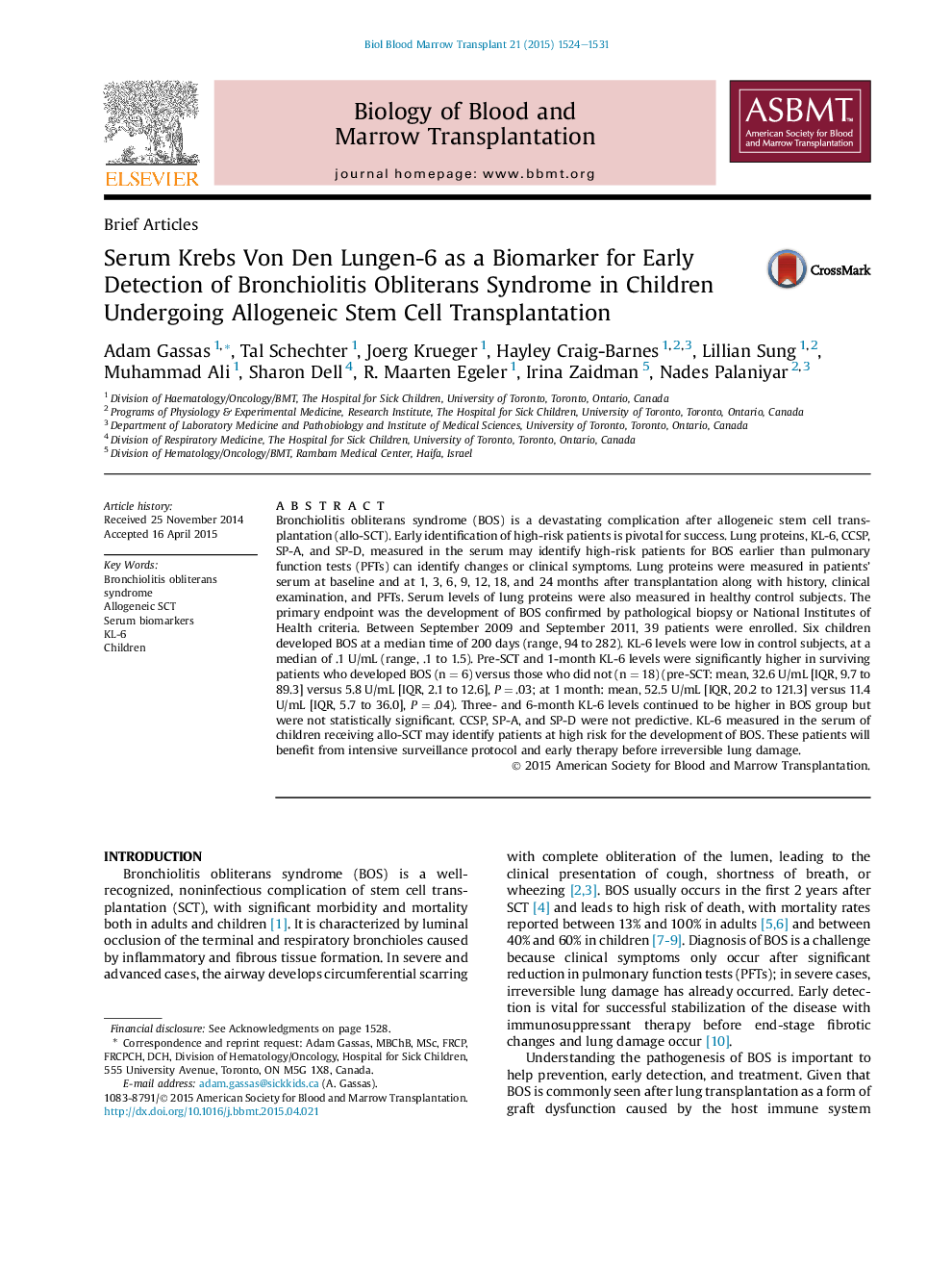 Serum Krebs Von Den Lungen-6 as a Biomarker for Early Detection of Bronchiolitis Obliterans Syndrome in Children Undergoing Allogeneic Stem Cell Transplantation