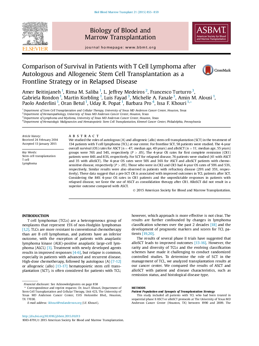 Comparison of Survival in Patients with T Cell Lymphoma after Autologous and Allogeneic Stem Cell Transplantation as a Frontline Strategy or in Relapsed Disease