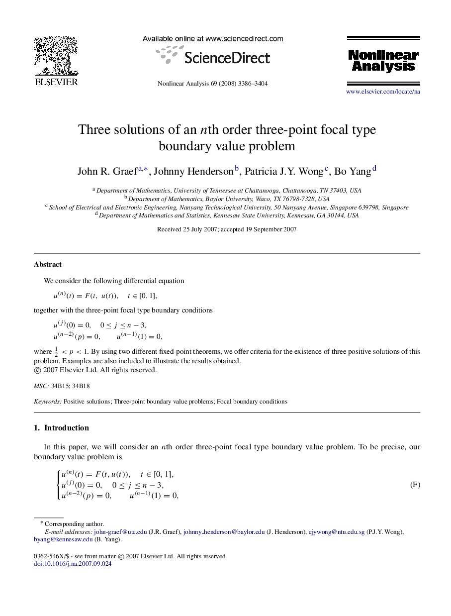 Three solutions of an nnth order three-point focal type boundary value problem