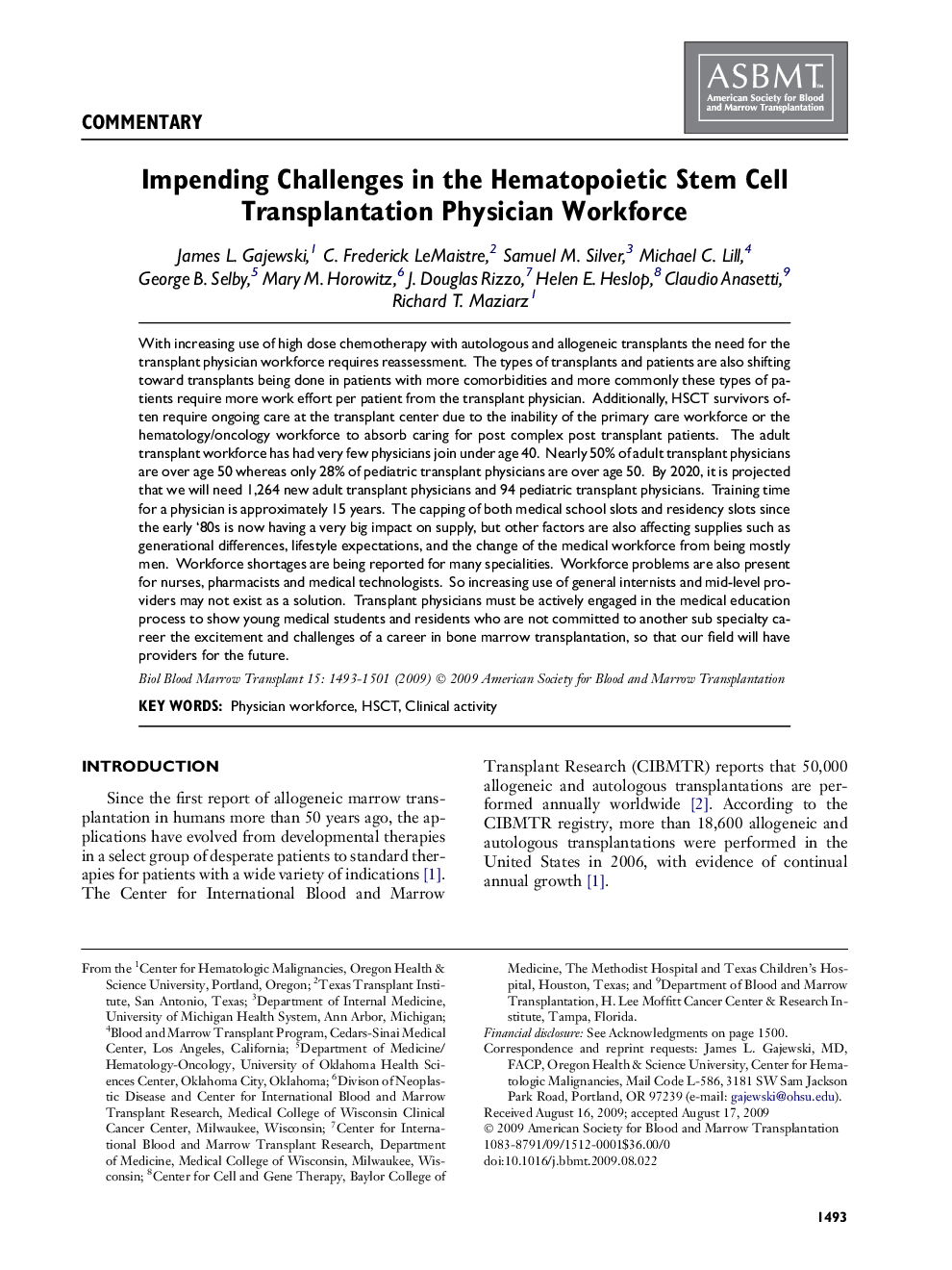 Impending Challenges in the Hematopoietic Stem Cell Transplantation Physician Workforce