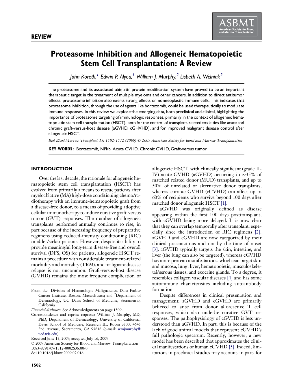 Proteasome Inhibition and Allogeneic Hematopoietic Stem Cell Transplantation: A Review