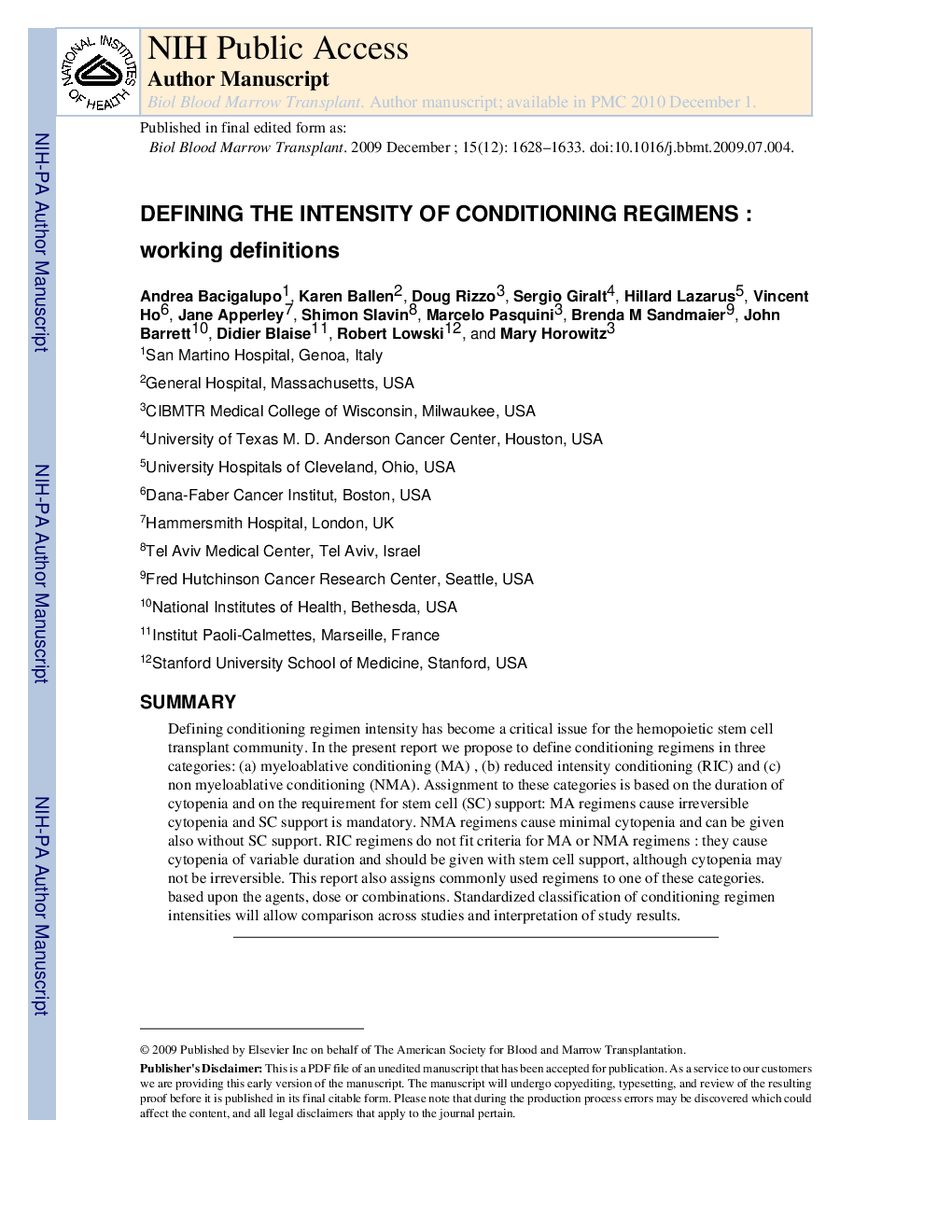 Defining the Intensity of Conditioning Regimens: Working Definitions