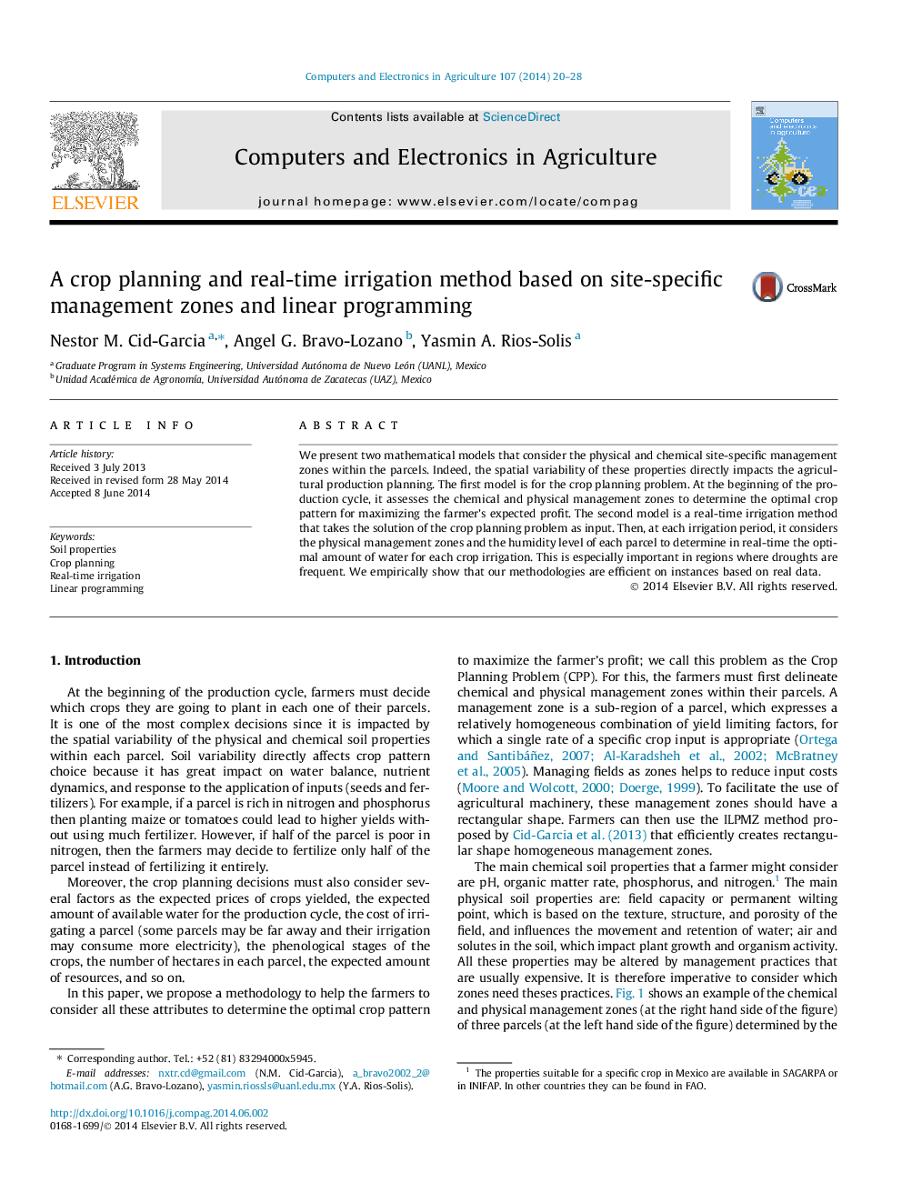 A crop planning and real-time irrigation method based on site-specific management zones and linear programming