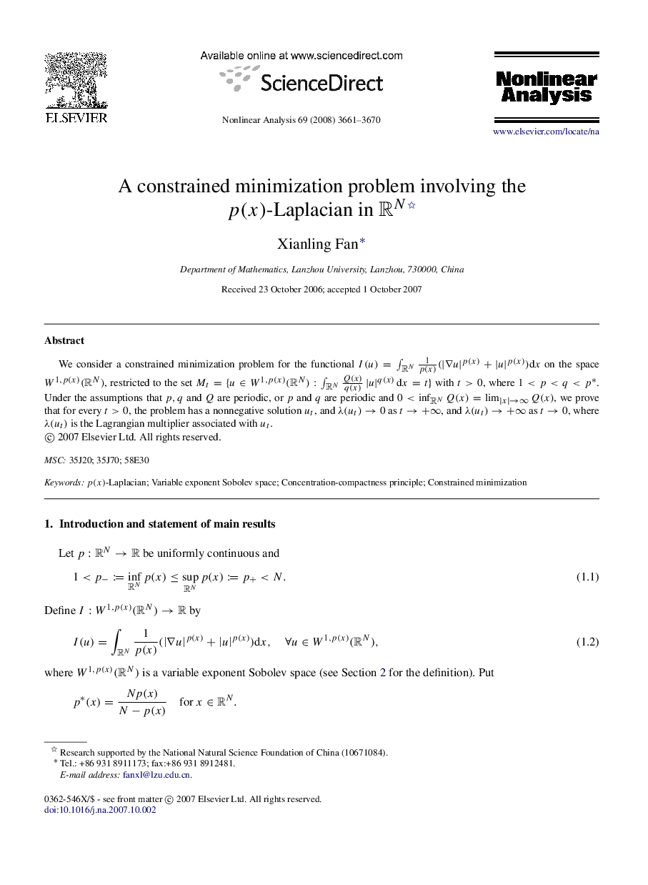 A constrained minimization problem involving the p(x)p(x)-Laplacian in RNRN 