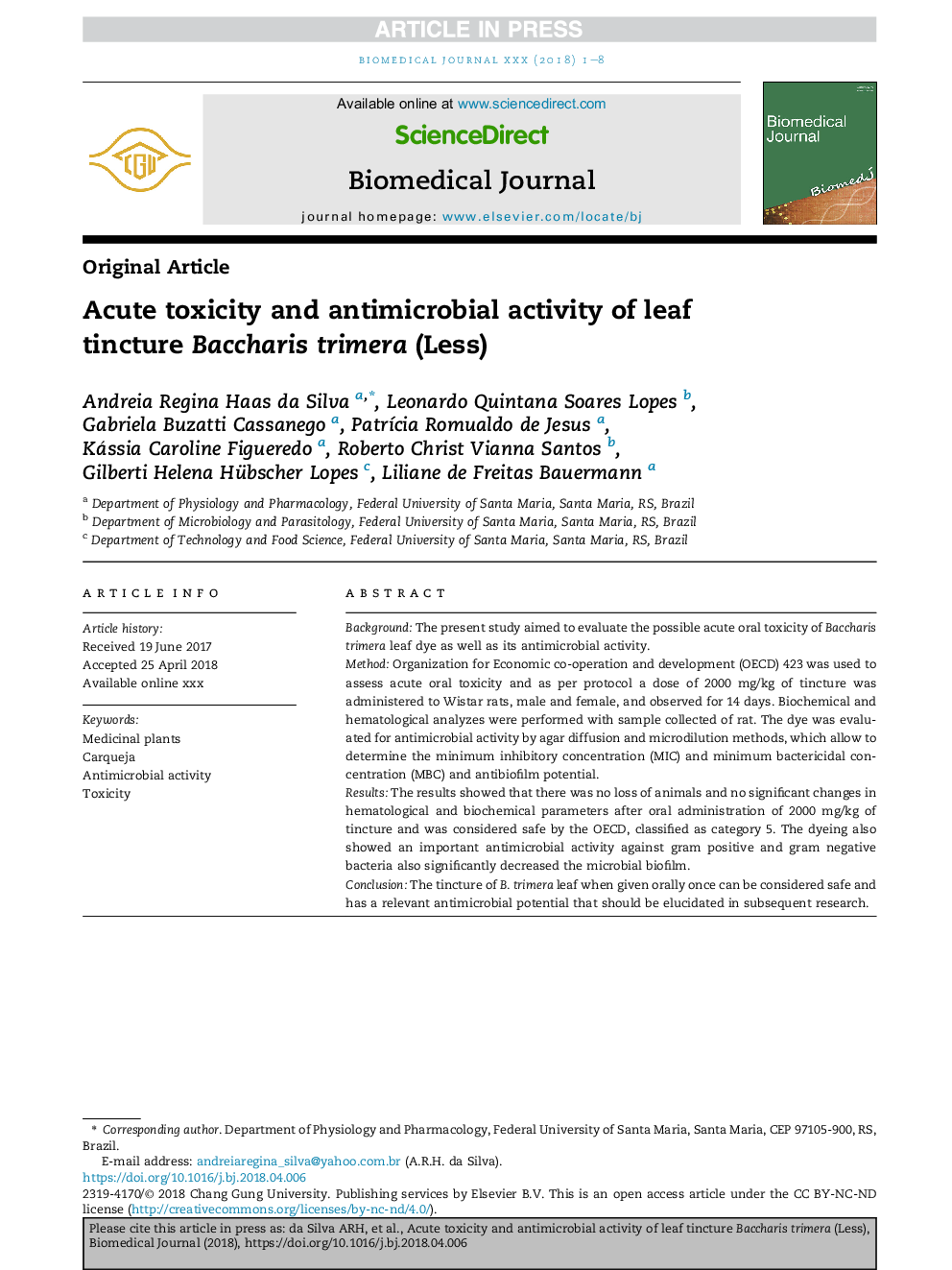 Acute toxicity and antimicrobial activity of leaf tincture Baccharis trimera (Less)